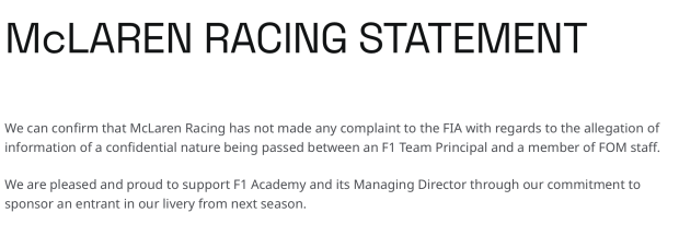La F1 se une y asegura que no le dijo nada a la FIA.