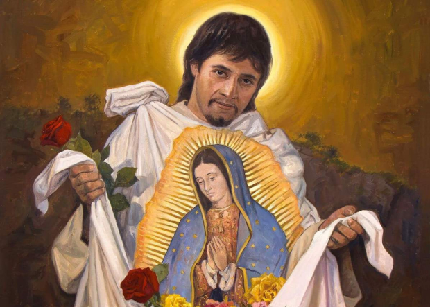 Juan Diego con la Virgen de Guadalupe en su manto.