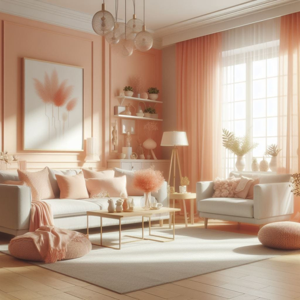 Sala de la casa decorada con color Peach Fuzz