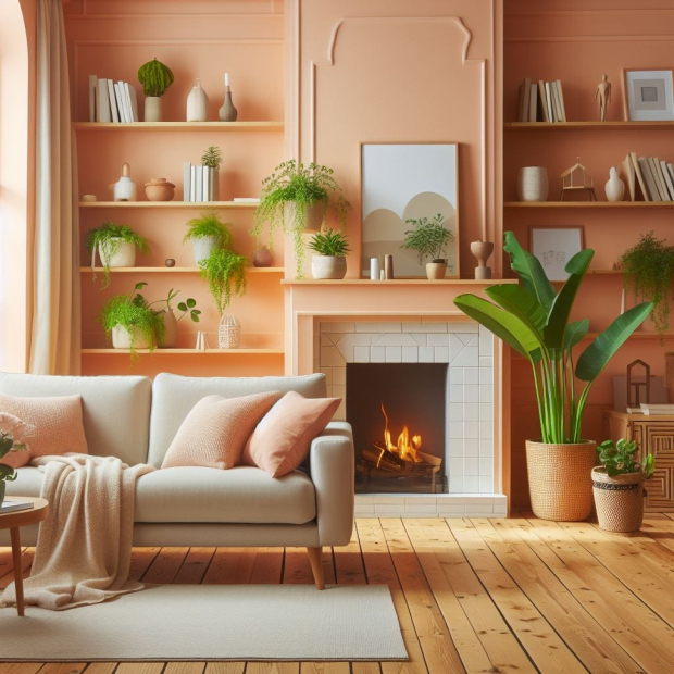 Puedes añadir detalles en color Peach Fuzz como en los cojines o en cuadros; recuerda poner plantas verdes para contrastar