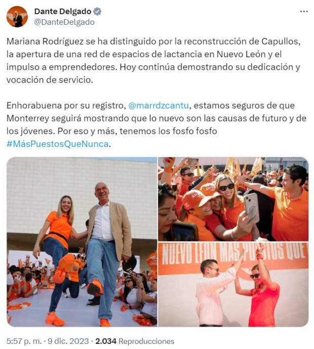 Dante Delgado celebra registro de Mariana Rodríguez para buscar la alcaldía de Monterrey