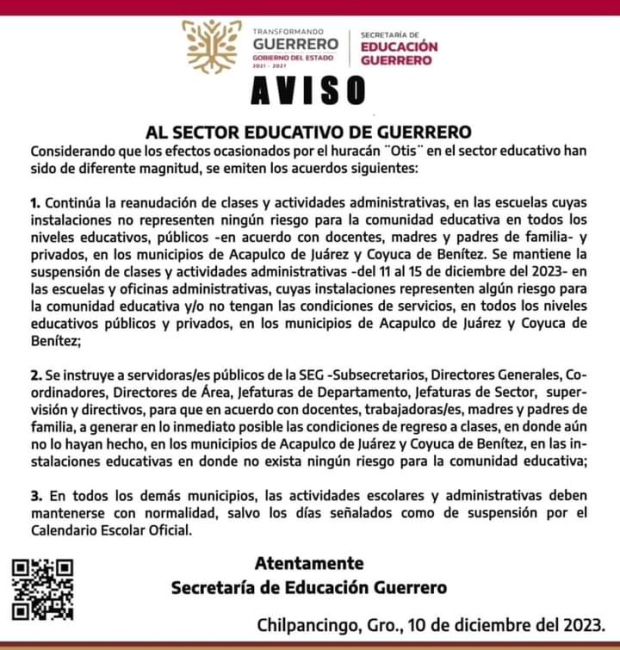 Sigue la suspensión de clases en algunas escuelas de Guerrero.