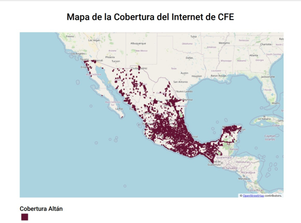 Mapa de la cobertura que ofrece el Internet de CFE.