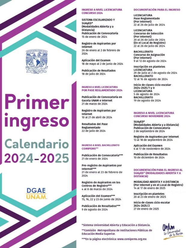 Calendario de Convocatoria 2024 de la UNAM.