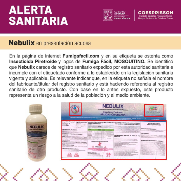 La Cofepris emitió una alerta por la venta ilegal del insecticida Nebulix.