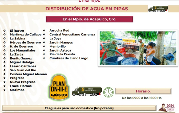Lugares donde entregarán agua en pipas en Acapulco.