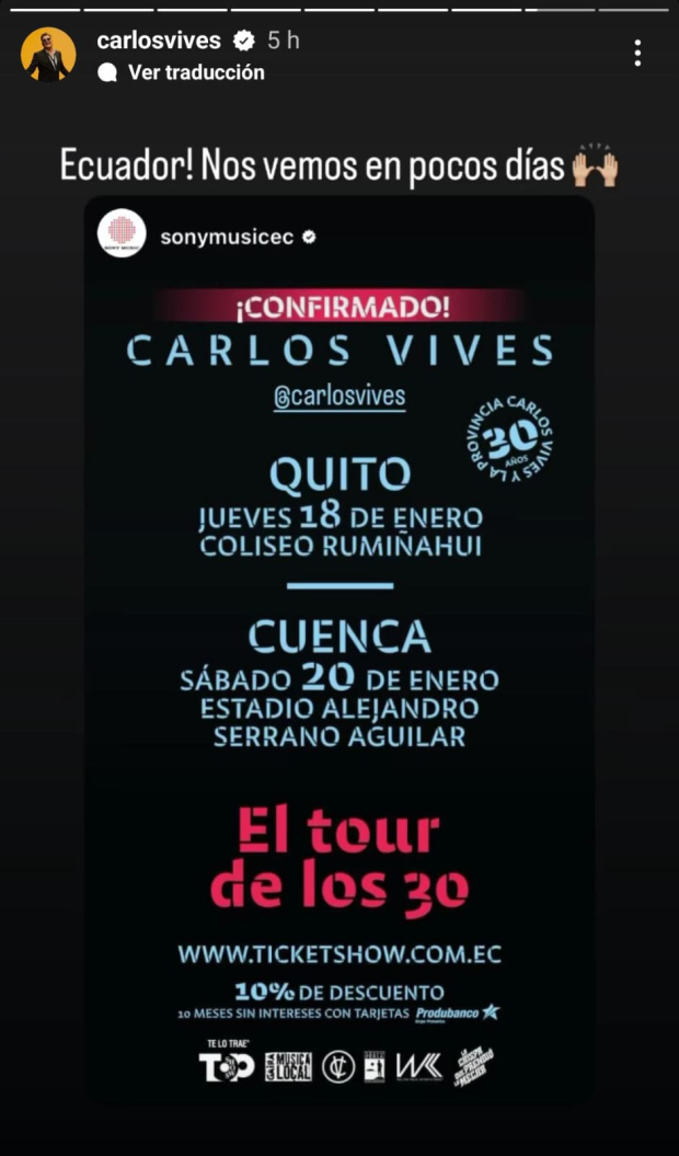 Carlos Vives mostraba su emoción por sus conciertos en tierras ecuatorianas.