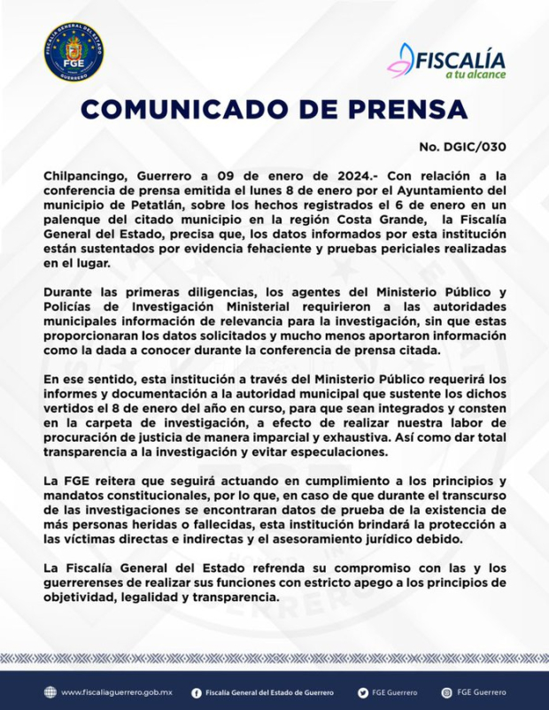 Fiscalía de Guerrero solicita al municipio de Petatlán informes sobre balacera en palenque.