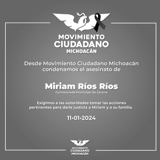 Así informaron la muerte de Miriam Ríos, comisionada de MC en Jacona, Michoacán.