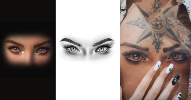 Comparación entre la foto, dibujo y tatuaje de los ojos de Belinda.