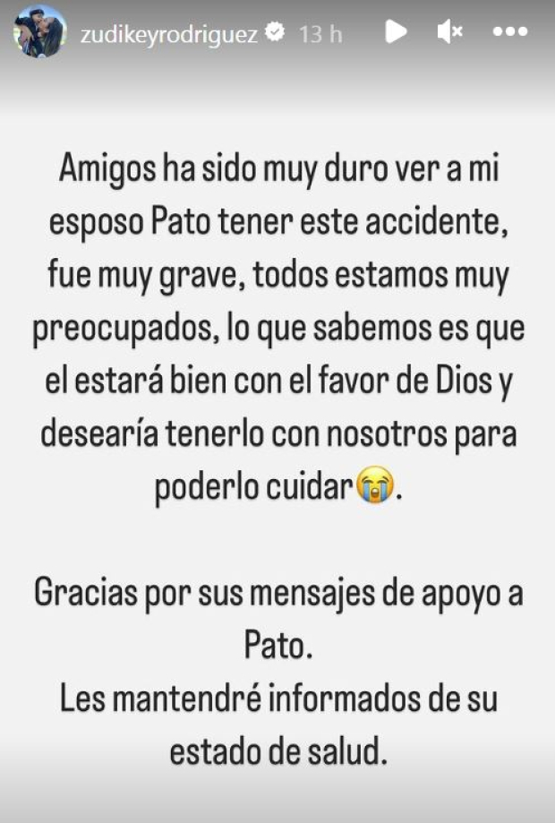 Mensaje de Zudikey Rodríguez sobre accidente de Pato Araujo