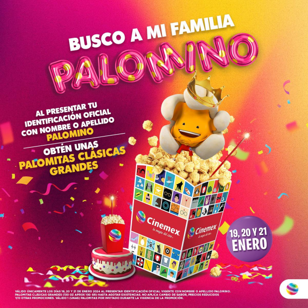 En Cinemex regalarán palomitas a quien se llame Palomino.