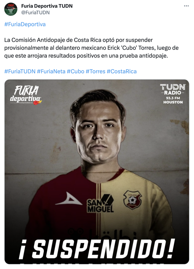 Érick 'Cubo' Torres fue inhabilitado tras dar positivo por dopaje en Costa Rica.