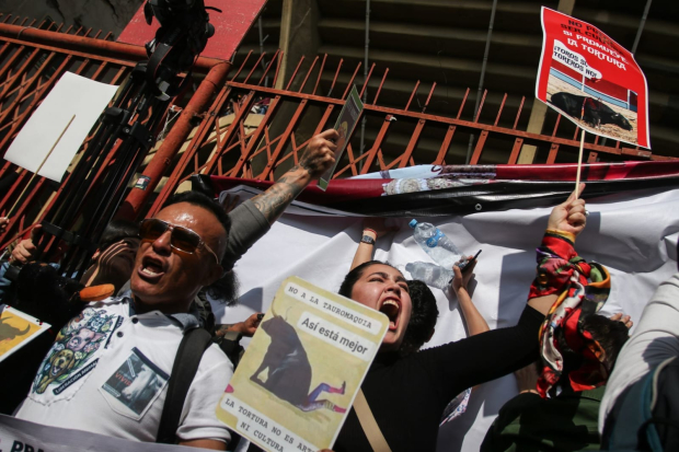 Manifestantes protestaban afuera de la Plaza México, mientras adentro se realizaba una corrida de toros, ayer.