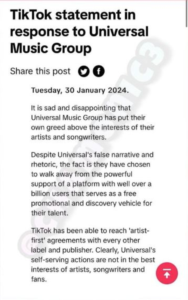 Comunicado de TikTok sobre la polémica con Universal Music Group