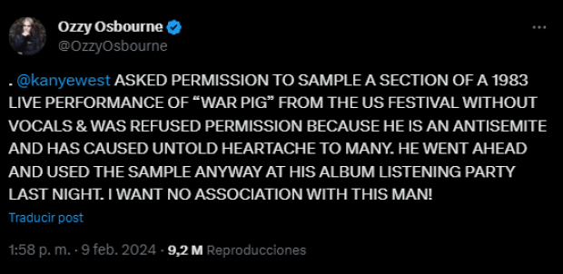 Ozzy Osbourne señala que Kanye West usó "War Pig" de Black Sabath sin permiso para su álbum Vultures.