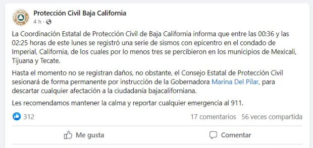 Mensaje de Protección Civil Baja California.