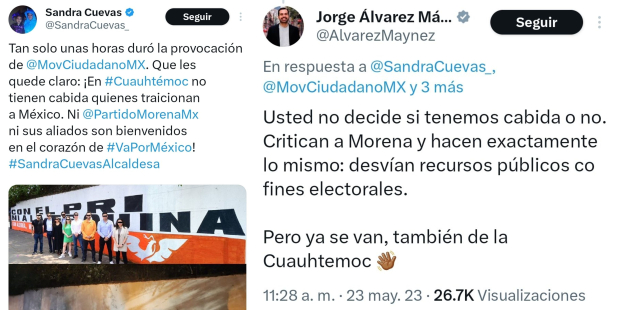 Tuit de Sandra Cuevas, alcaldesa de Cuauhtémoc, y Jorge Álvarez Mayne, candidato de MC a la presidencia de México.