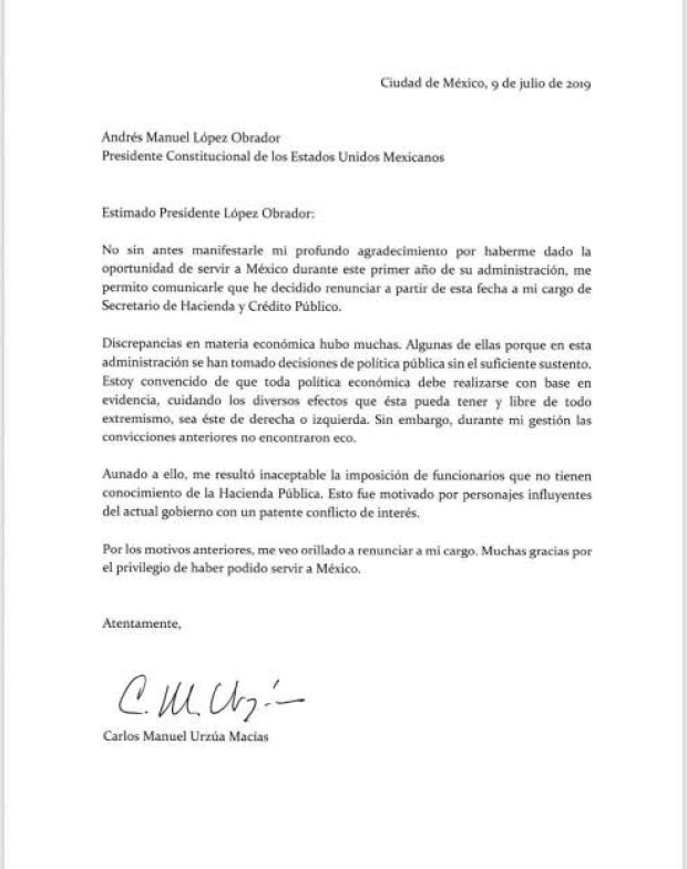 Carta de renuncia con la que Carlos Urzúa dejó el gobierno de AMLO