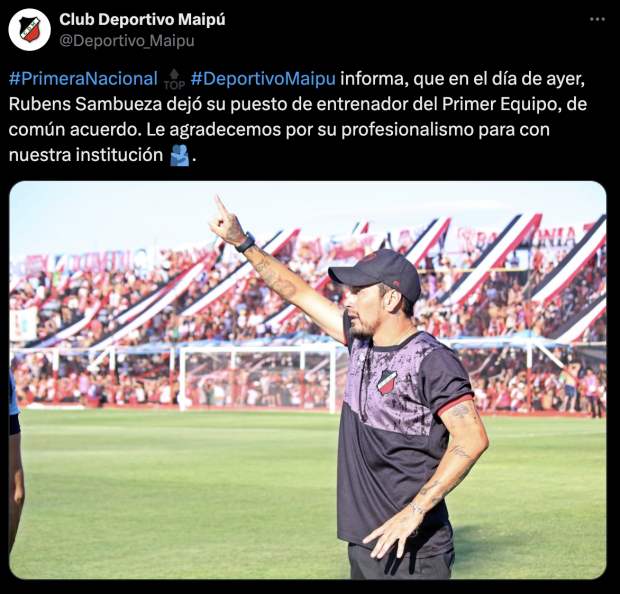 Muy poco duró la etapa de Rubens Sambueza como entrenador del Deportivo Maipú.