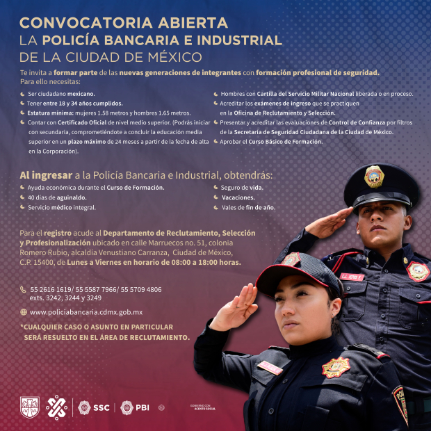 La Secretaría de Seguridad Ciudadana lanzó varias vacantes laborales para pertenecer a la Policía Bancaria e Industrial de la CDMX.