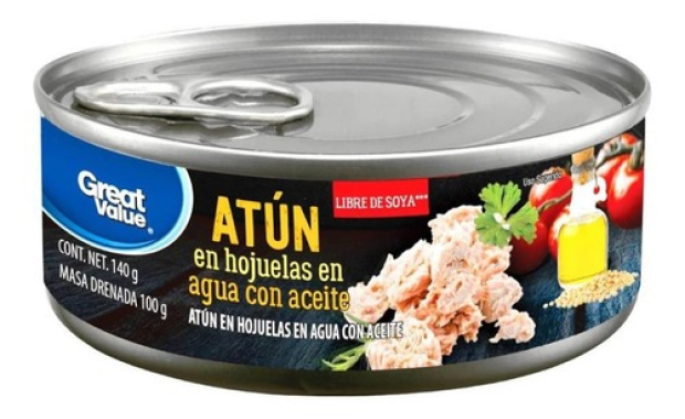 La marca de atún Great Value en su presentación "Atún aleta amarilla en agua y aceite", no presenta soya.