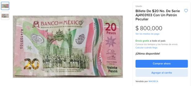 Este billete de 20 pesos se vende hasta en 800 mil pesos.