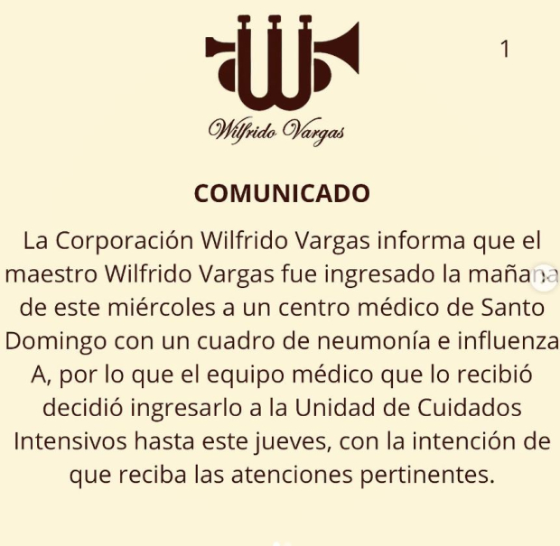 Comunicado de la salud de Wilfrido Vargas