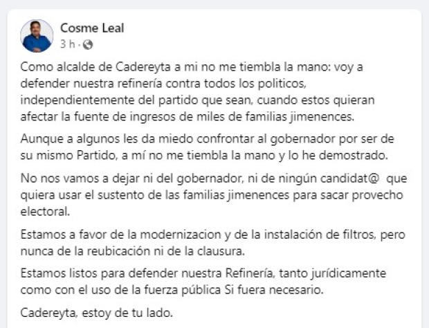 Mensaje de Cosme Leal.