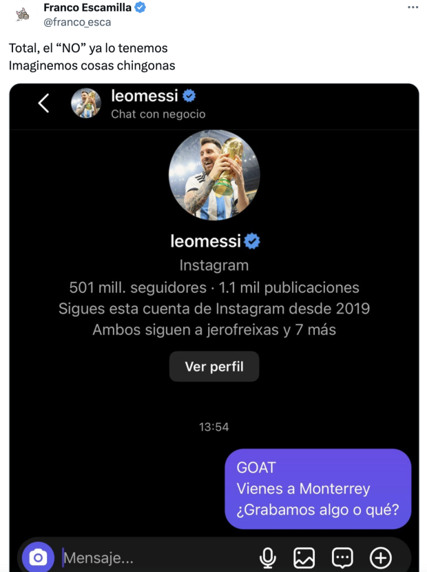 Franco Escamilla le hizo una propuesta a Lionel Messi con motivo de la visita del Inter Miami a Monterrey.