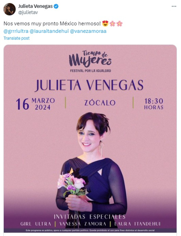 Este sábado 16 de marzo, Julieta Venegas estará en el Zócalo de la CDMX.
