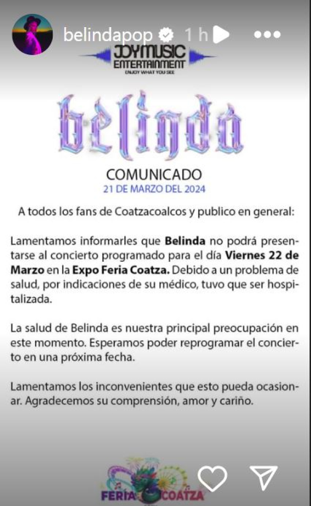 Comunicado de Belinda anunciando cancelación de concierto en Veracruz