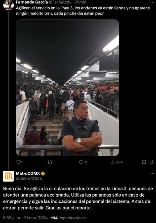 En los pasillos se nota la gran afluencia de gente en la Línea 3 del Metro de la CDMX; los usuarios reportan en X.