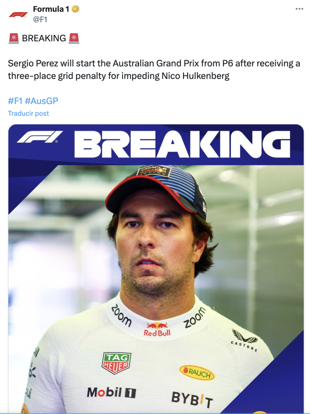 Checo Pérez saldrá sexto en el Gran Premio de Australia de F1 por una penalización.