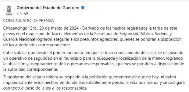 Gobierno de Guerrero afirma que no habrá impunidad en caso de menor en Taxco.