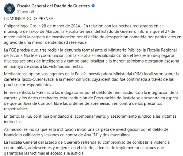 Inician investigación por muerte de presunta implicada en caso de menor en Taxco.