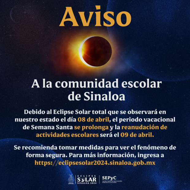 En Sinaloa suspendieron las clases el día 8 de abril por el eclipse solar.