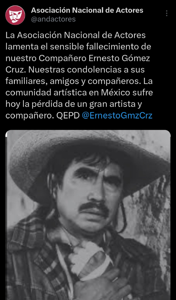 Anuncian muerte del actor Ernesto Gómez Cruz