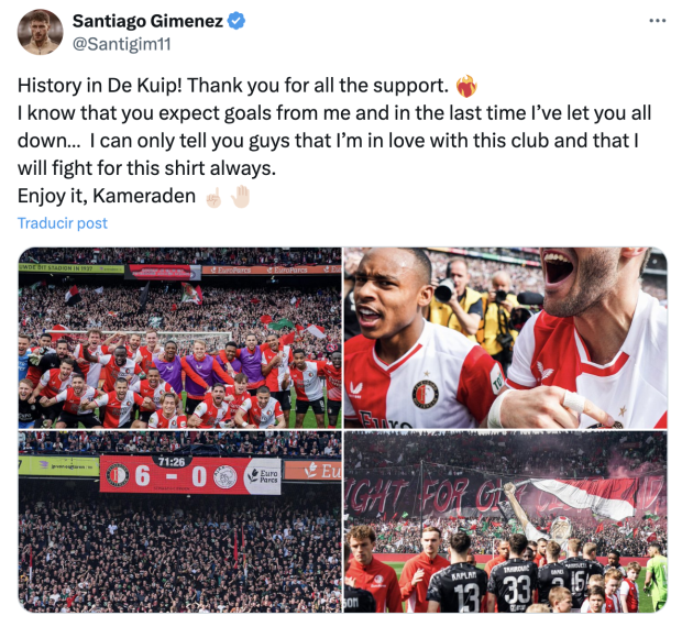 Santiago Giménez se disculpó con la afición del Feyenoord.