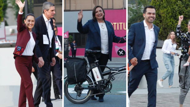 Claudia Sheinbaum Pardo, Xóchitl Gálvez Ruiz y Jorge Álvarez Máynez, a su llegada para el primer debate presidencial.