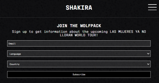 Así luce el formato para tener más información de la nueva gira de Shakira.