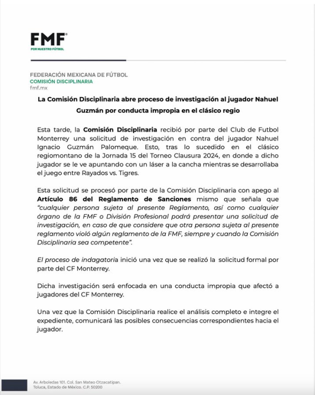 FMF investiga a Nahuel Guzmán