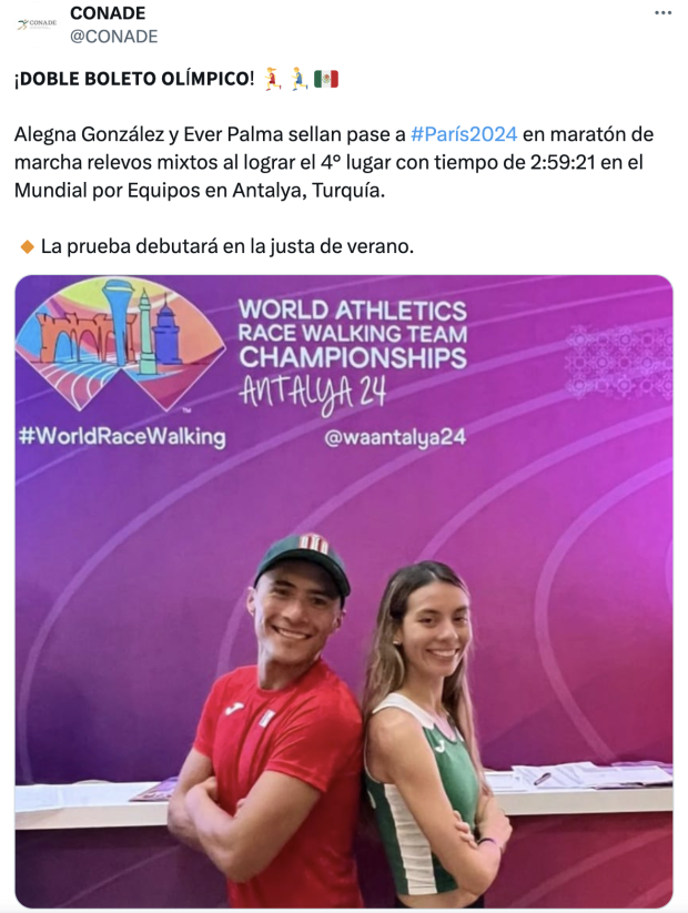 Ever Palma y Alegna González lograron plaza olímpica para París 2024 en relevos mixtos de marcha.