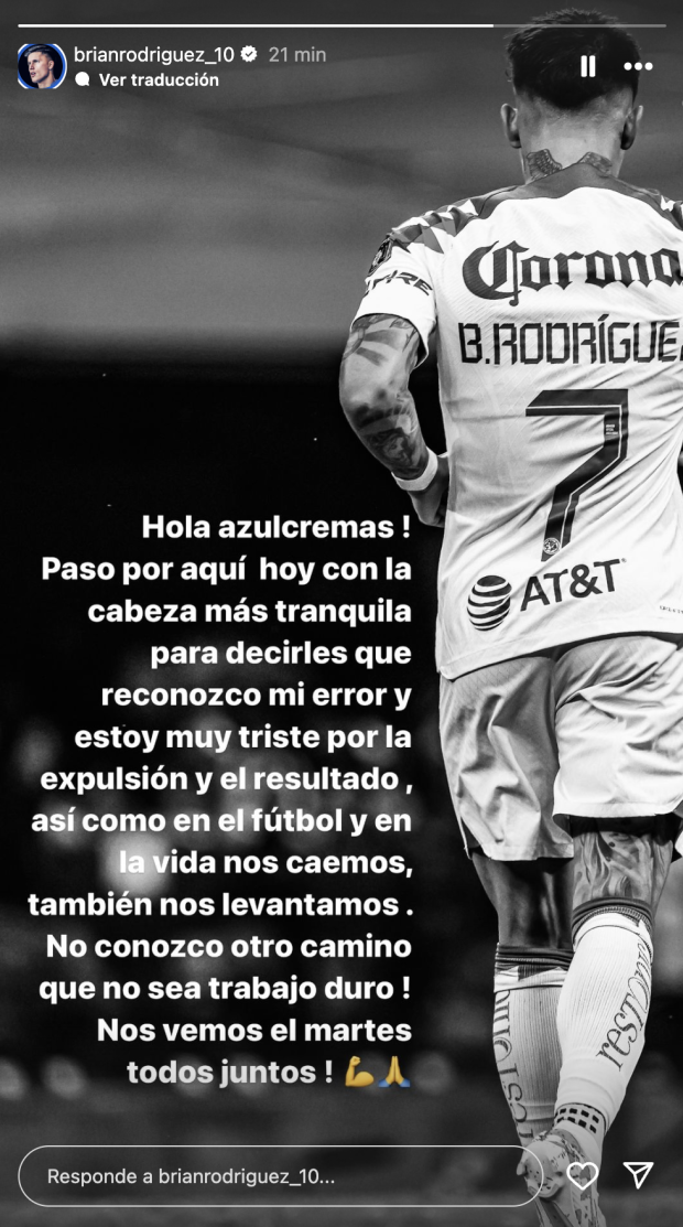 Brian Rodríguez ofreció disculpas a los seguidores del América en Instagram por su expulsión contra Pumas.
