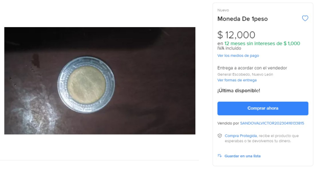 Esta es la moneda de un peso que se vende en 12 mil.