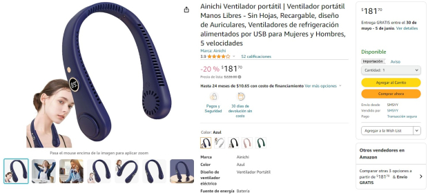 El ventilador de cuello lo puedes comprar en Amazon.
