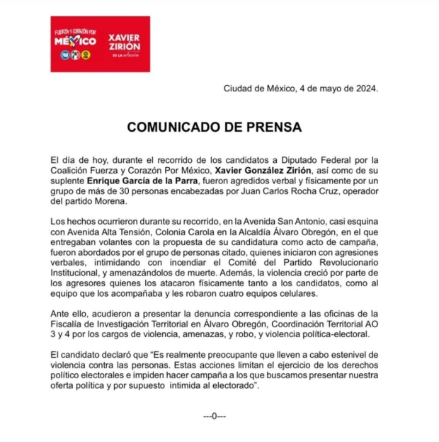 Comunicado del equipo de Xavier González Zirión.