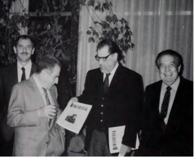 García Terrés en la presentación de Biblioteca México, con Marek Keller, Juan Soriano y Octavio Paz.