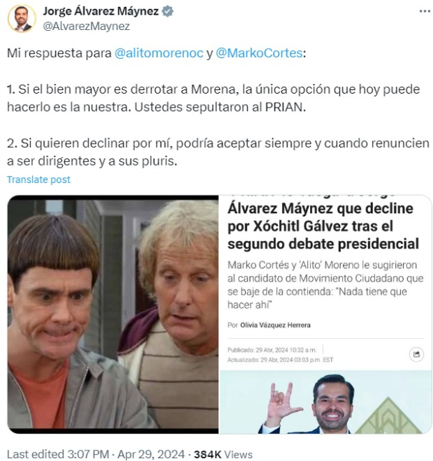 Álvarez Máynez le respondió a Alito Moreno, quien le solicitó declinar a favor de Xóchitl Gálvez.