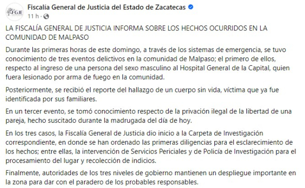 Así informó la Fiscalía de Zacatecas los 3 incidentes violentos en Malpaso.